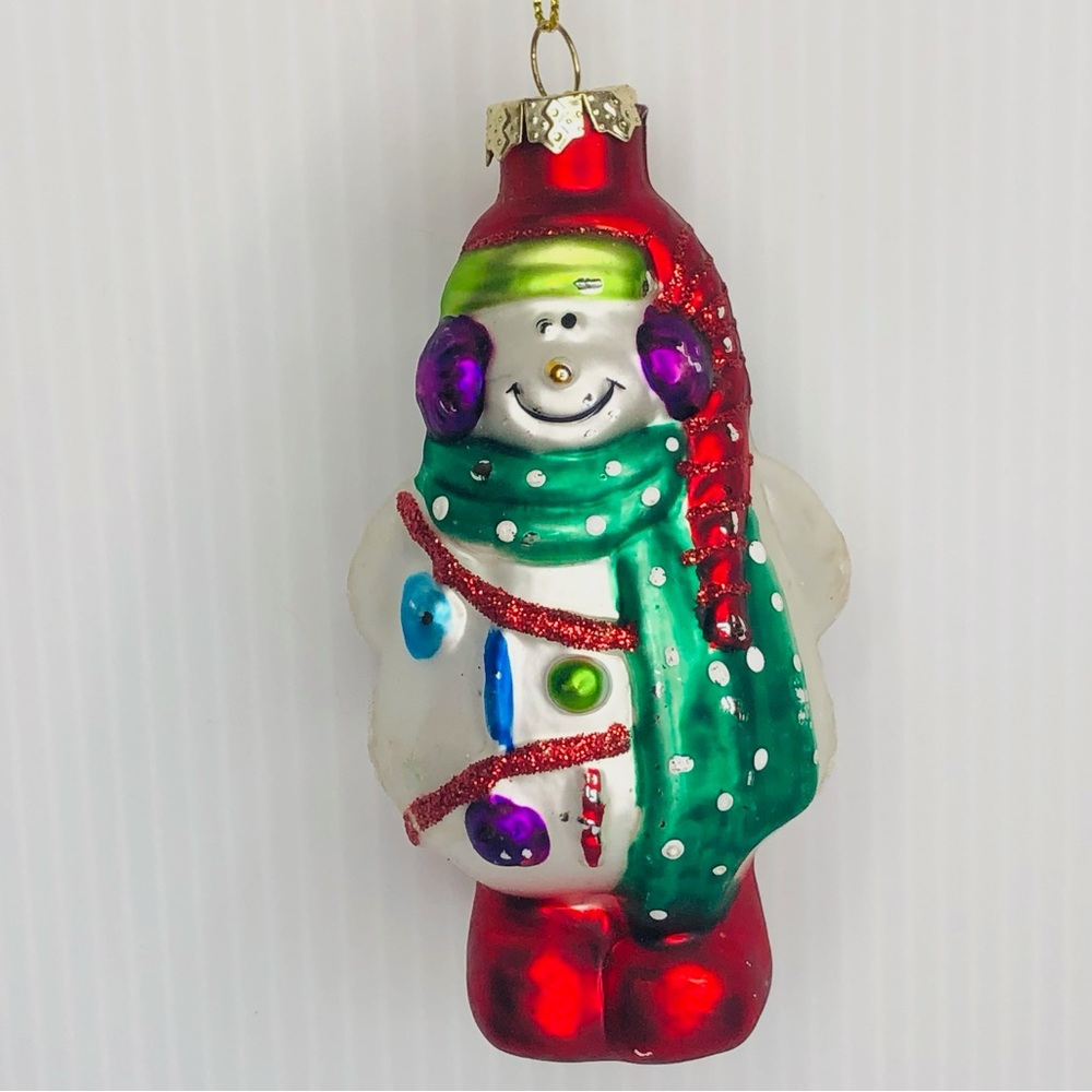 Blown Glass Snowman Green Scarf Red Hat Christmas Ornament Classic Kitschy